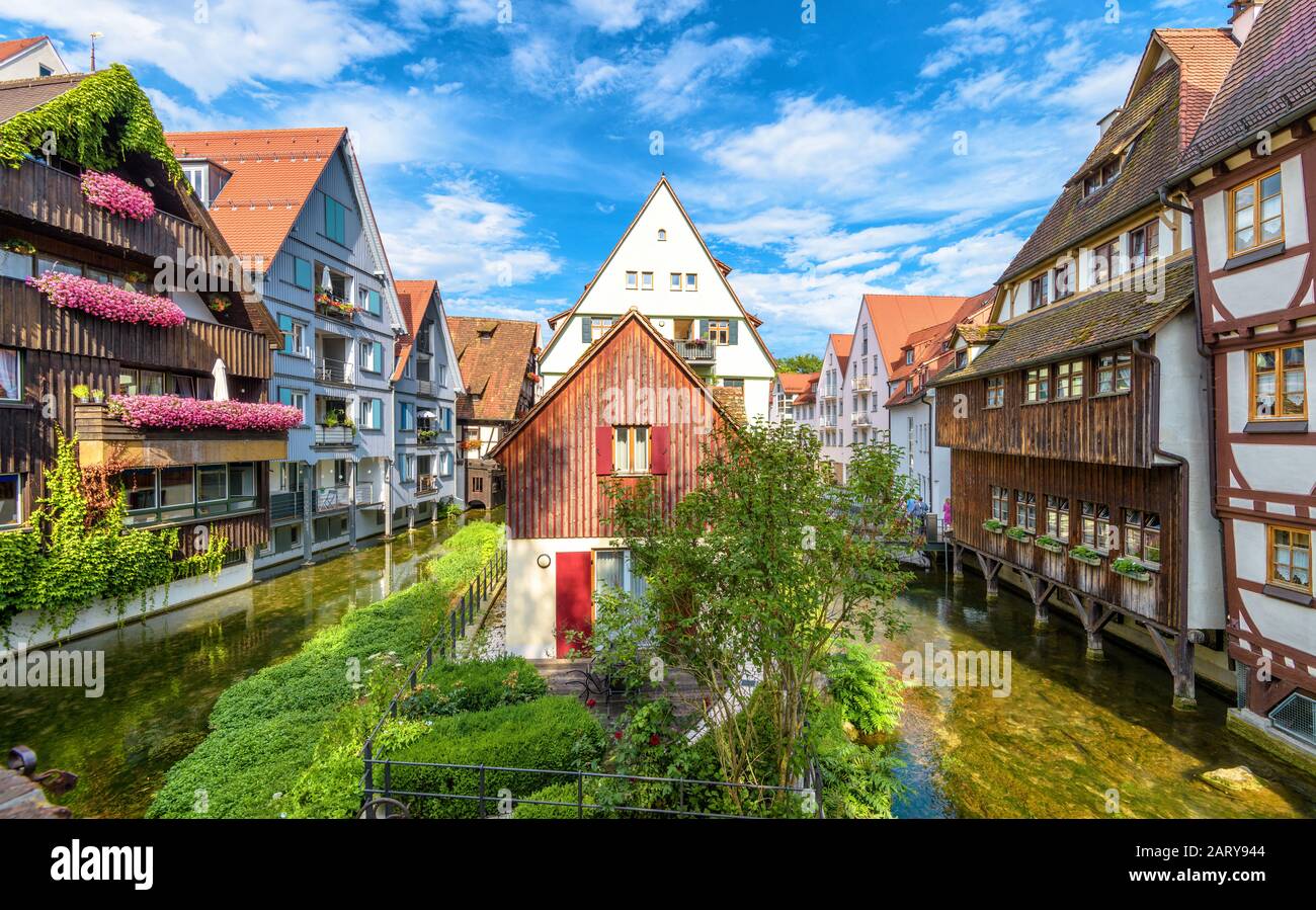 Vintage street in old town of Ulm, Germany. Scenic view of historical Fisherman`s Quarter in summer. It is a landmark of Ulm. Panorama of ancient dist Stock Photo